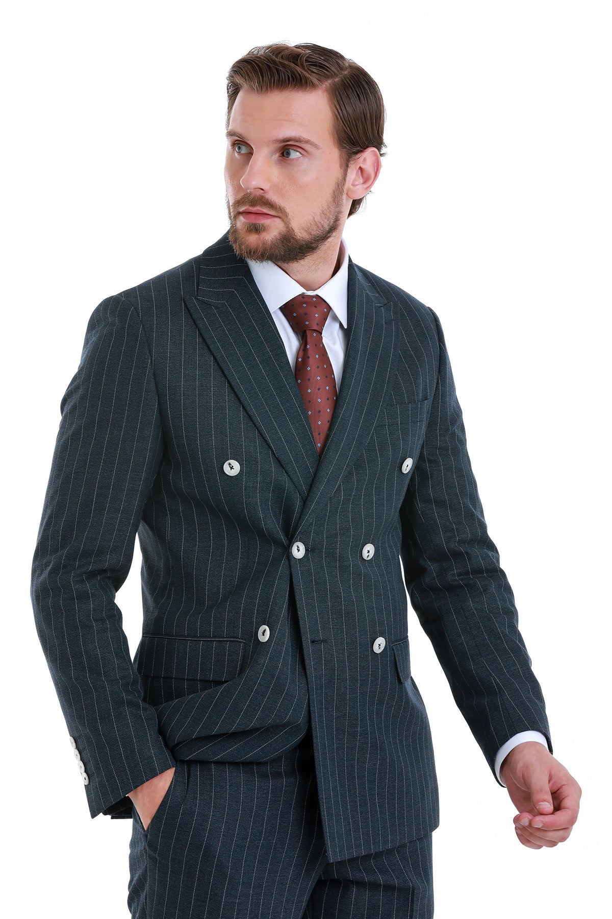 Slim Fit Double Breasted Navy Striped Casual Suit - MIB