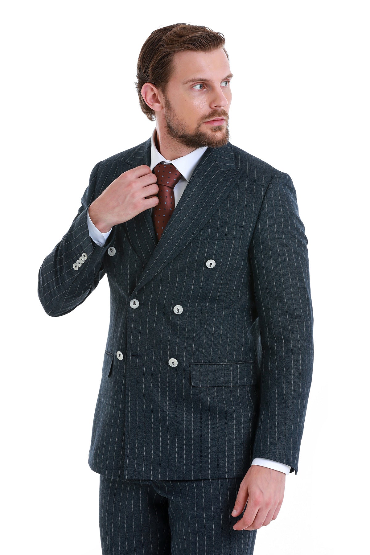 Slim Fit Double Breasted Navy Striped Casual Suit - MIB