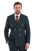 Slim Fit Double Breasted Navy Striped Casual Suit - MIB