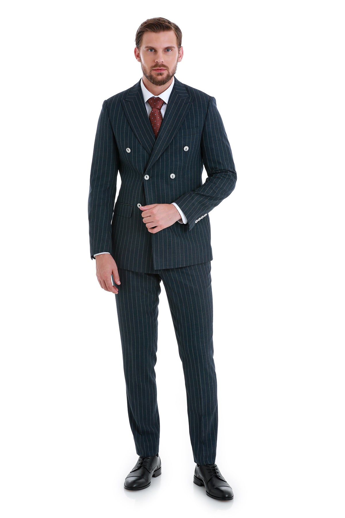 Slim Fit Double Breasted Navy Striped Casual Suit - MIB