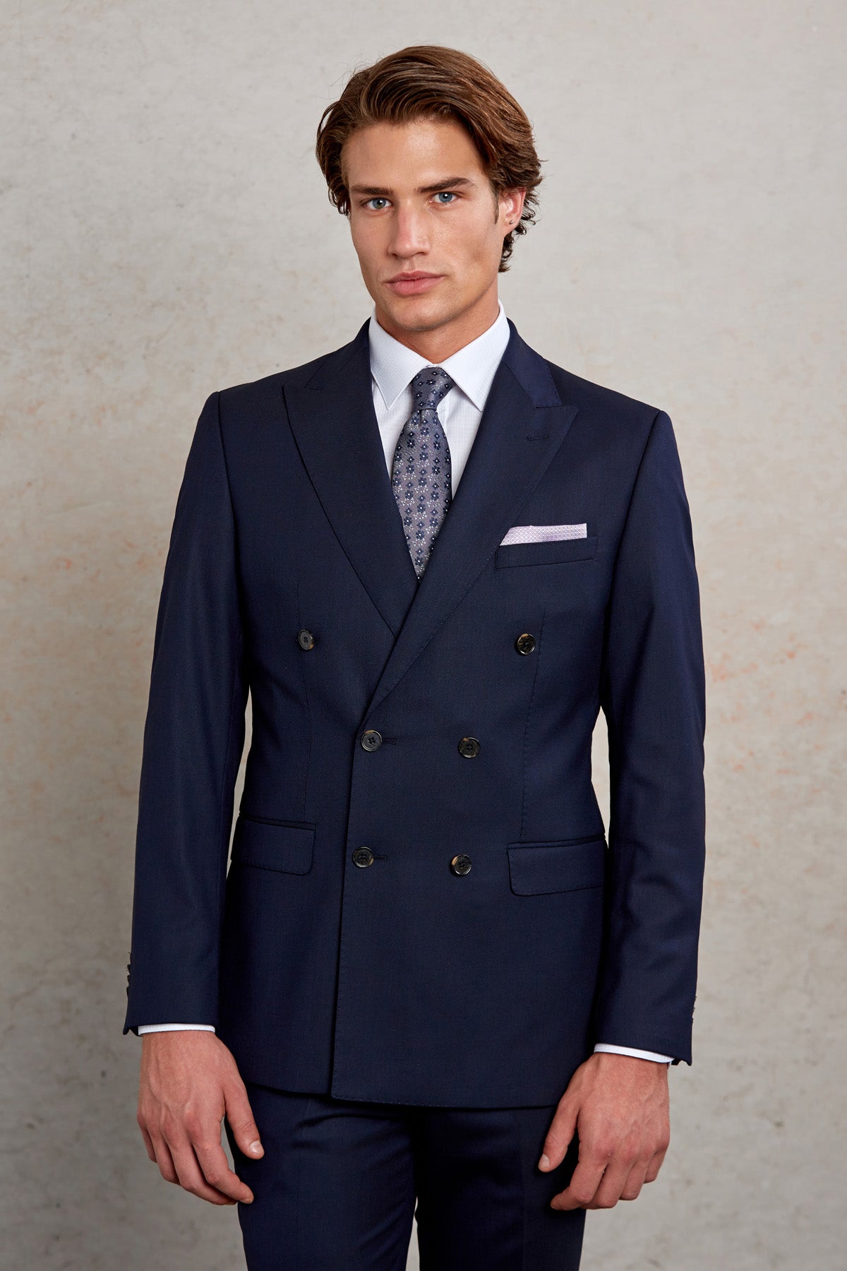 Slim Fit Double Breasted Navy Wool Blend Classic Suit - MIB