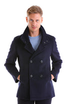 Slim Fit Double Breasted Navy Wool Blend Coat - SAYKI