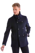 Slim Fit Double Breasted Navy Wool Blend Coat - SAYKI