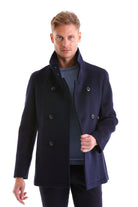 Slim Fit Double Breasted Navy Wool Blend Coat - SAYKI