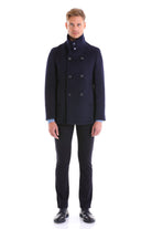 Slim Fit Double Breasted Navy Wool Blend Coat - SAYKI