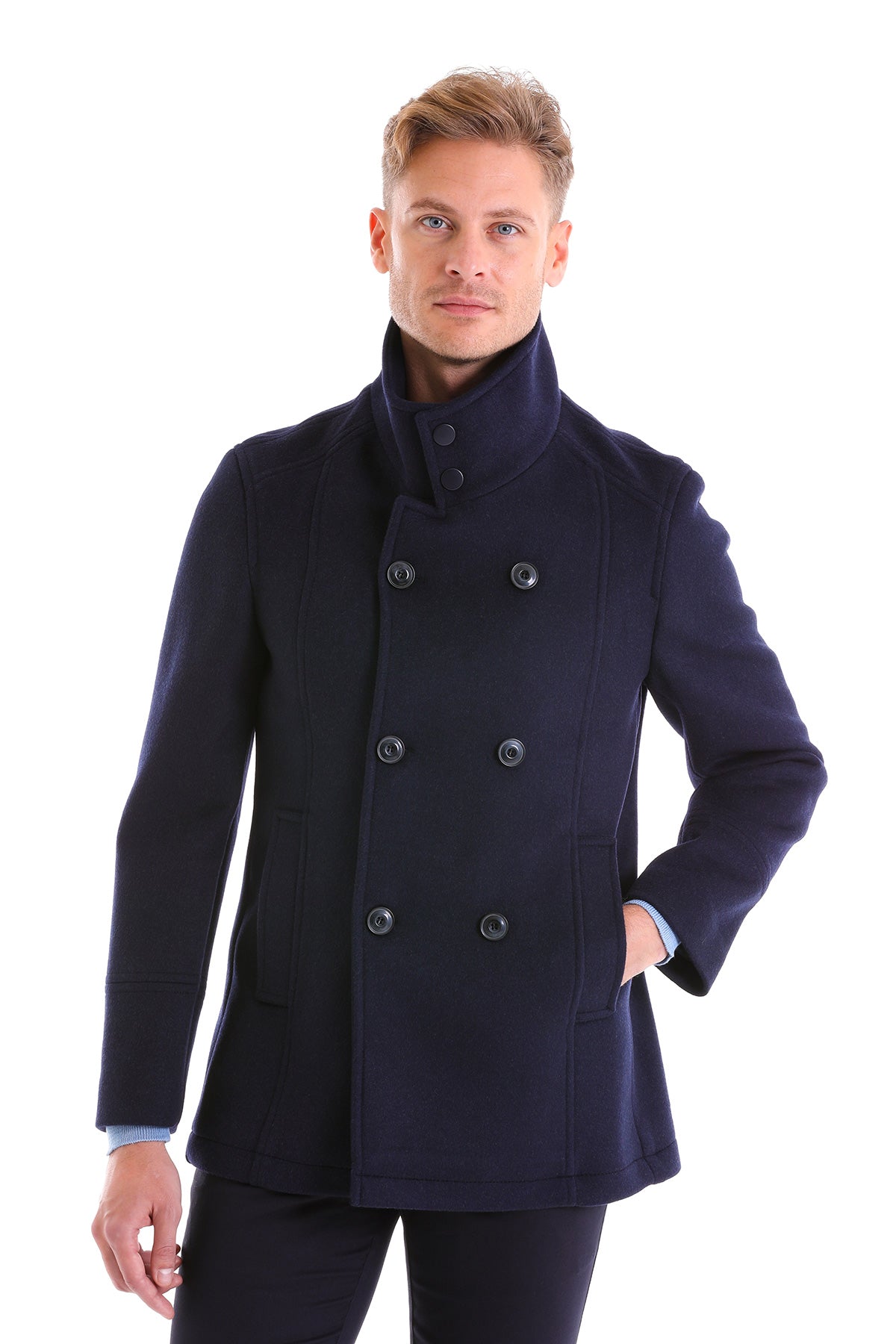 Slim Fit Double Breasted Navy Wool Blend Coat - SAYKI