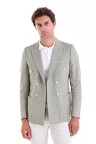 Slim Fit Double Breasted Olive Linen Casual Blazer - SAYKI