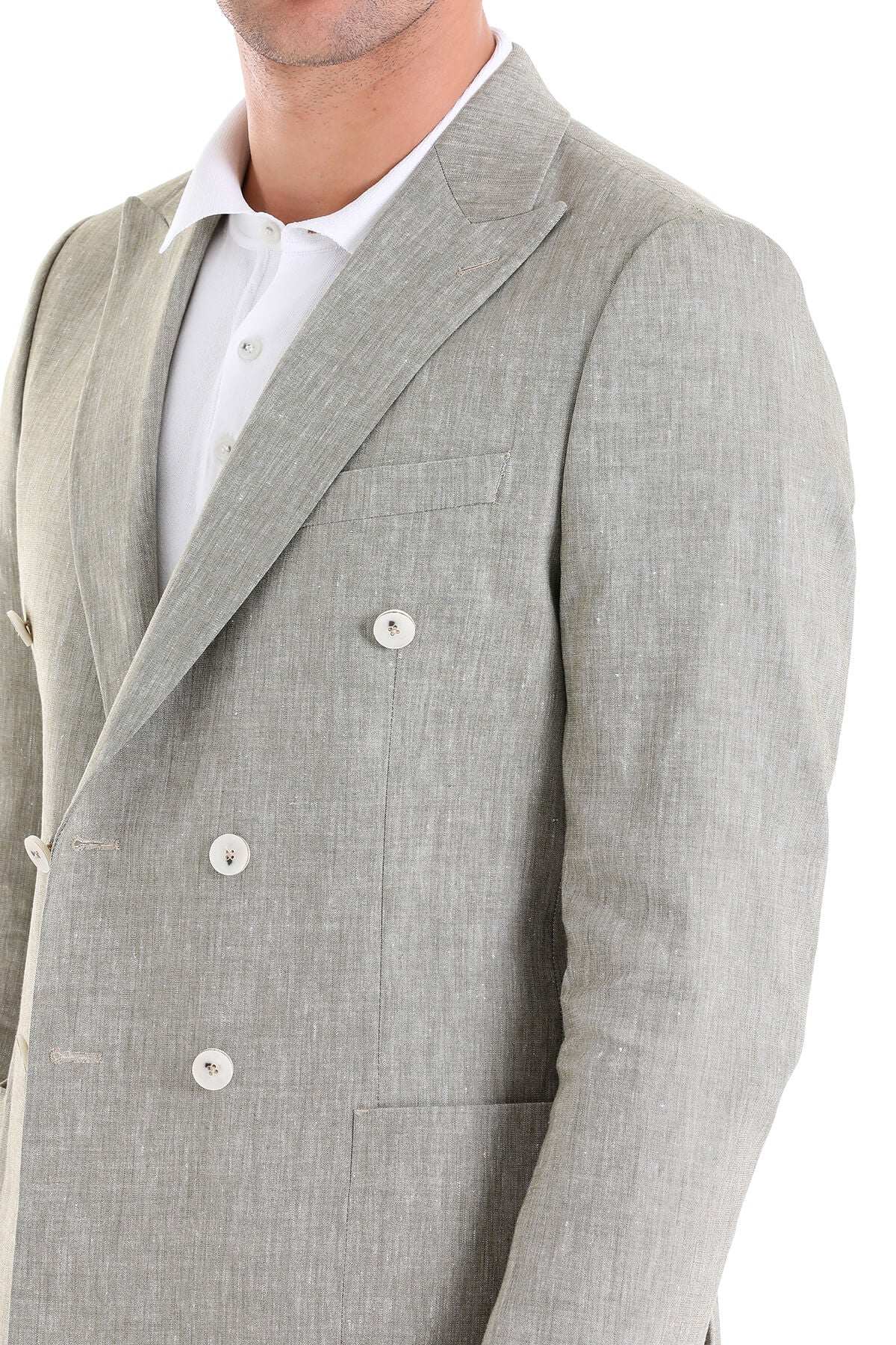 Slim Fit Double Breasted Olive Linen Casual Blazer - SAYKI