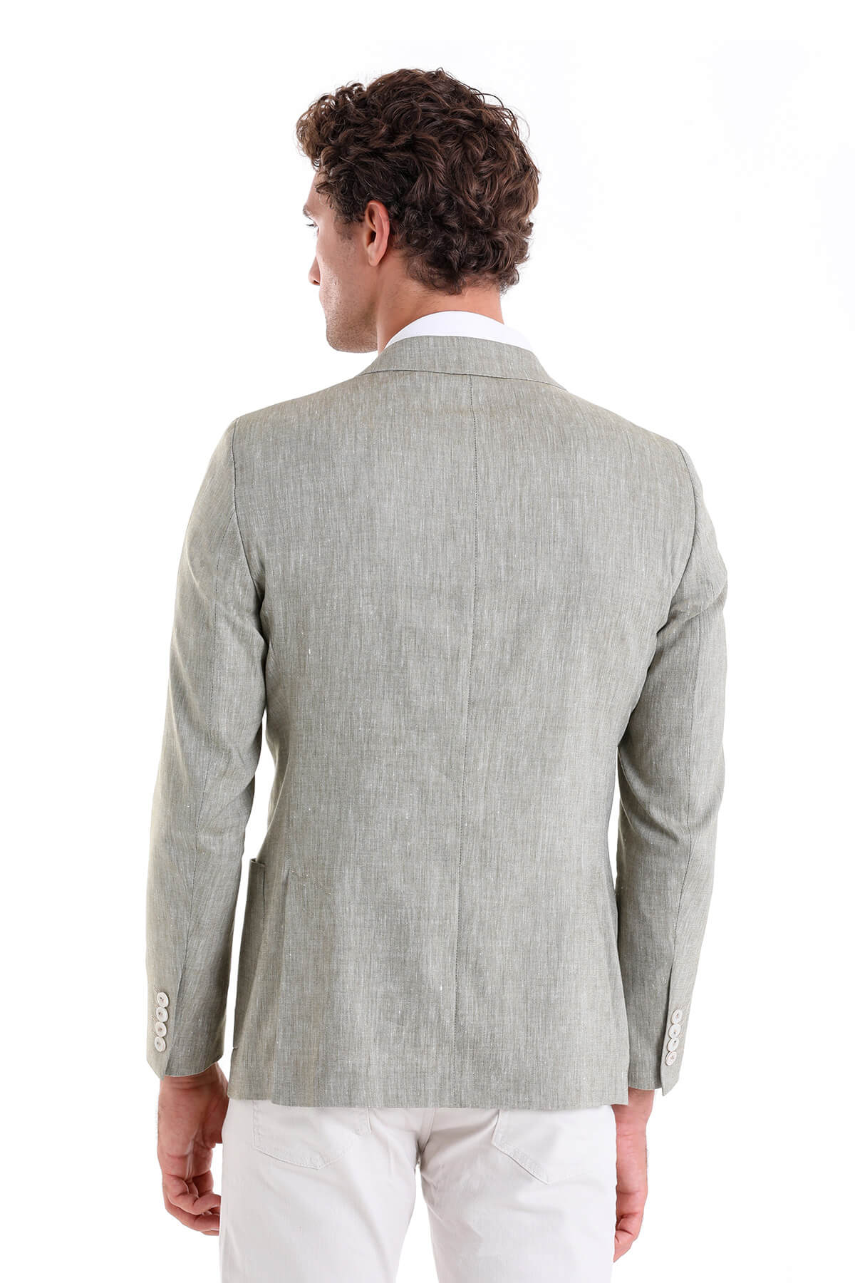 Slim Fit Double Breasted Olive Linen Casual Blazer - SAYKI