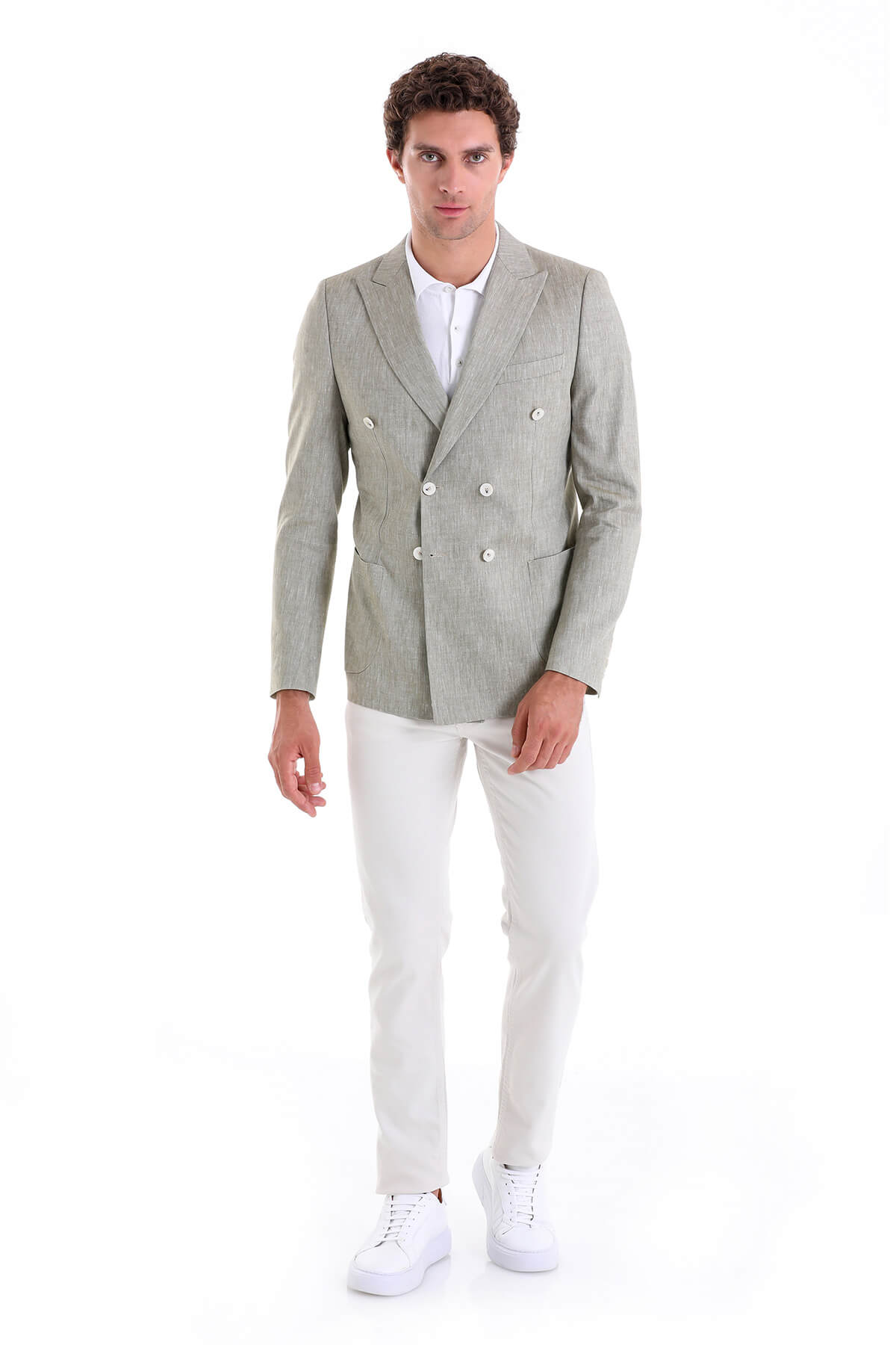 Slim Fit Double Breasted Olive Linen Casual Blazer - SAYKI