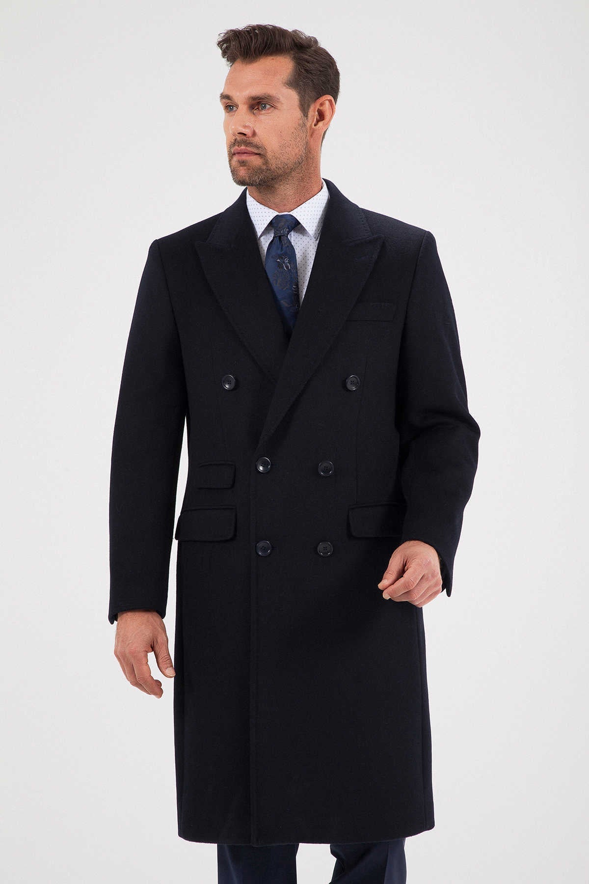 Slim Fit Double Breasted Peak Lapel Wool Blend Navy