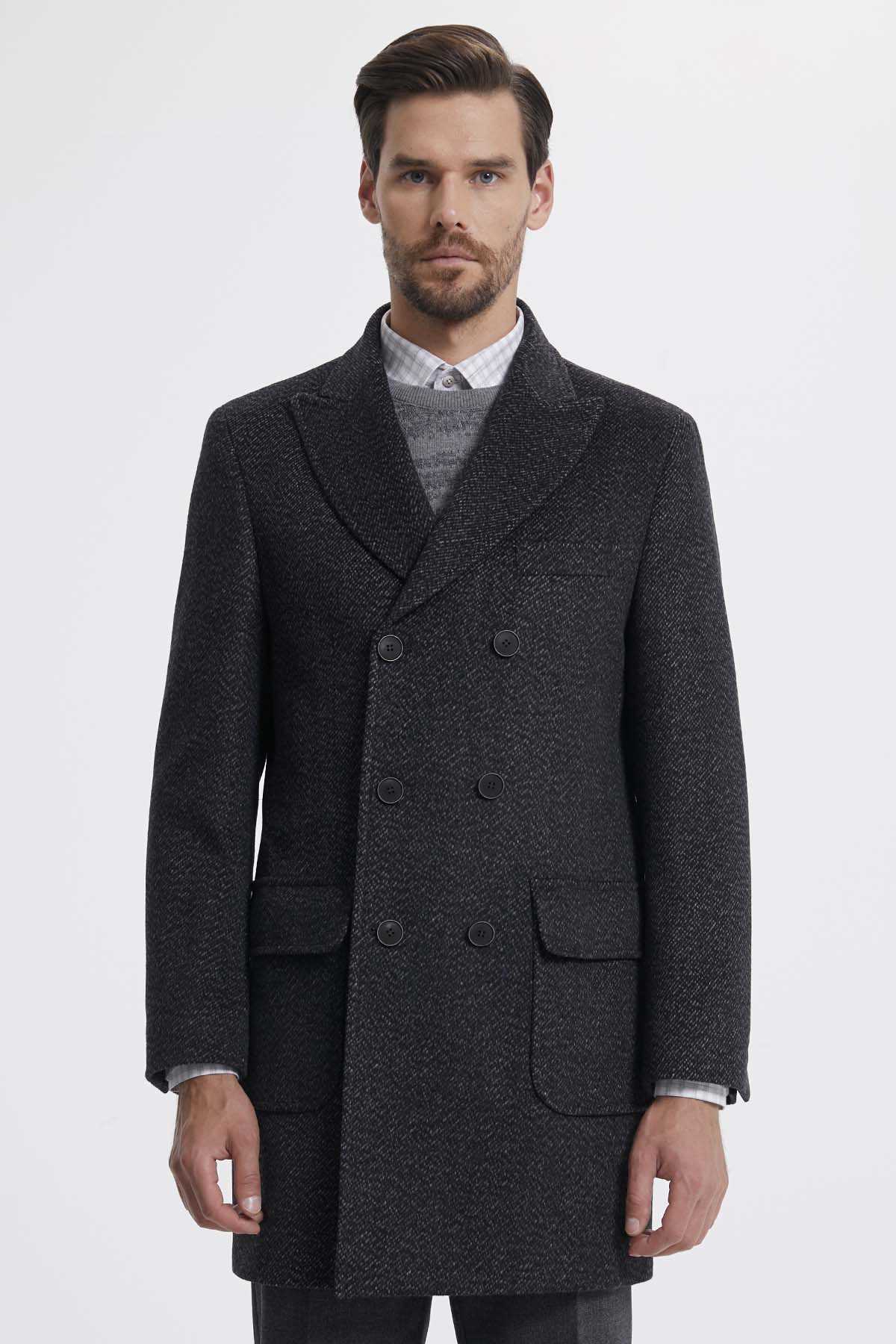 Slim Fit Double Breasted Peak Lapel Wool Gray Overcoat Gray