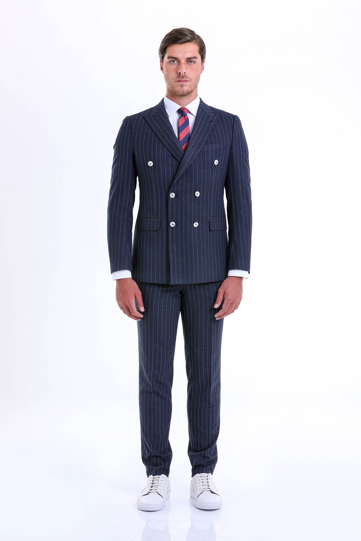 Slim Fit Double Breasted Pinstripe Navy Casual Suit - MIB