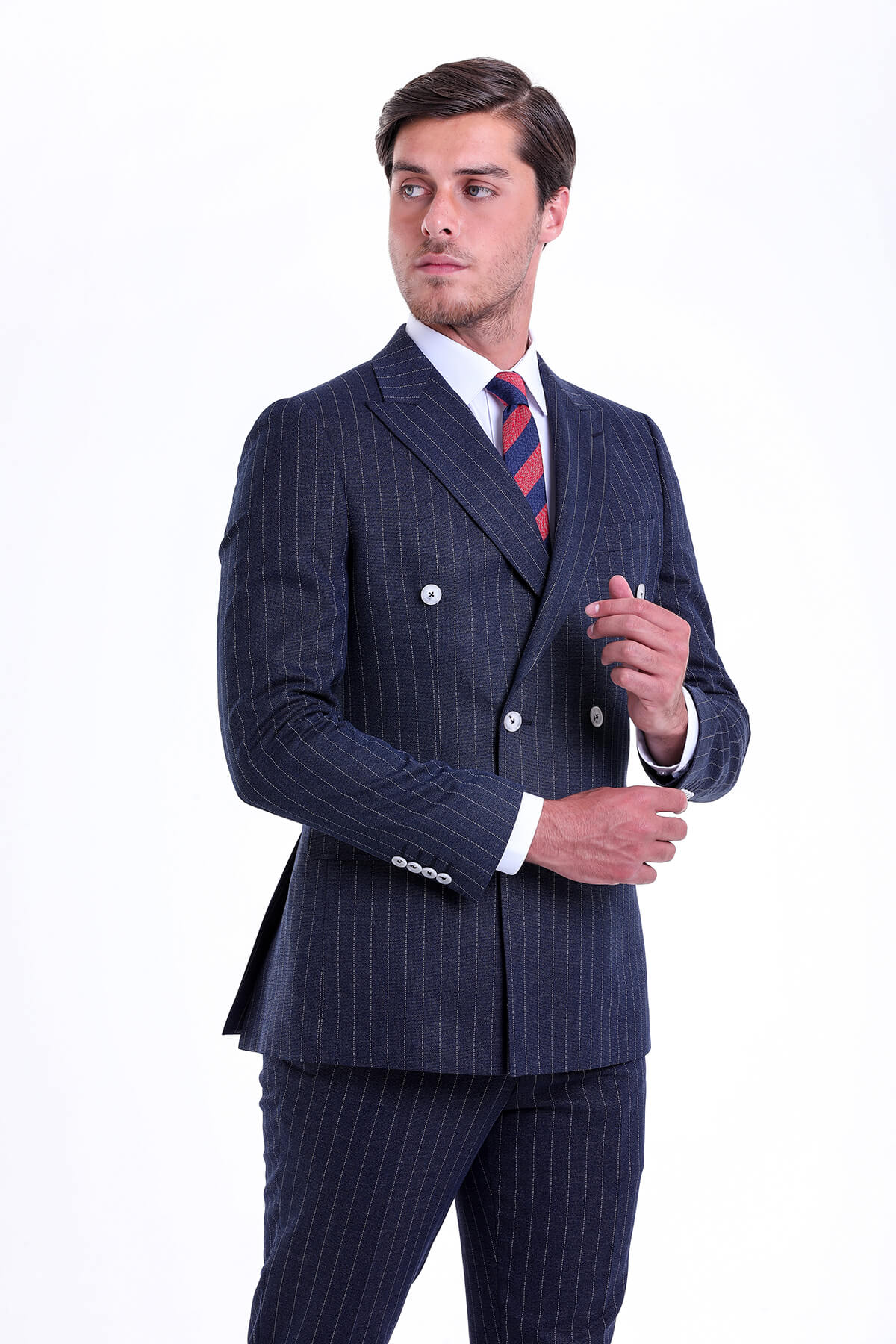 Slim Fit Double Breasted Pinstripe Navy Casual Suit - MIB