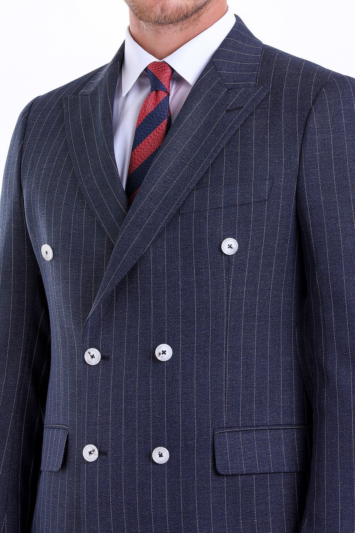 Slim Fit Double Breasted Pinstripe Navy Casual Suit - MIB