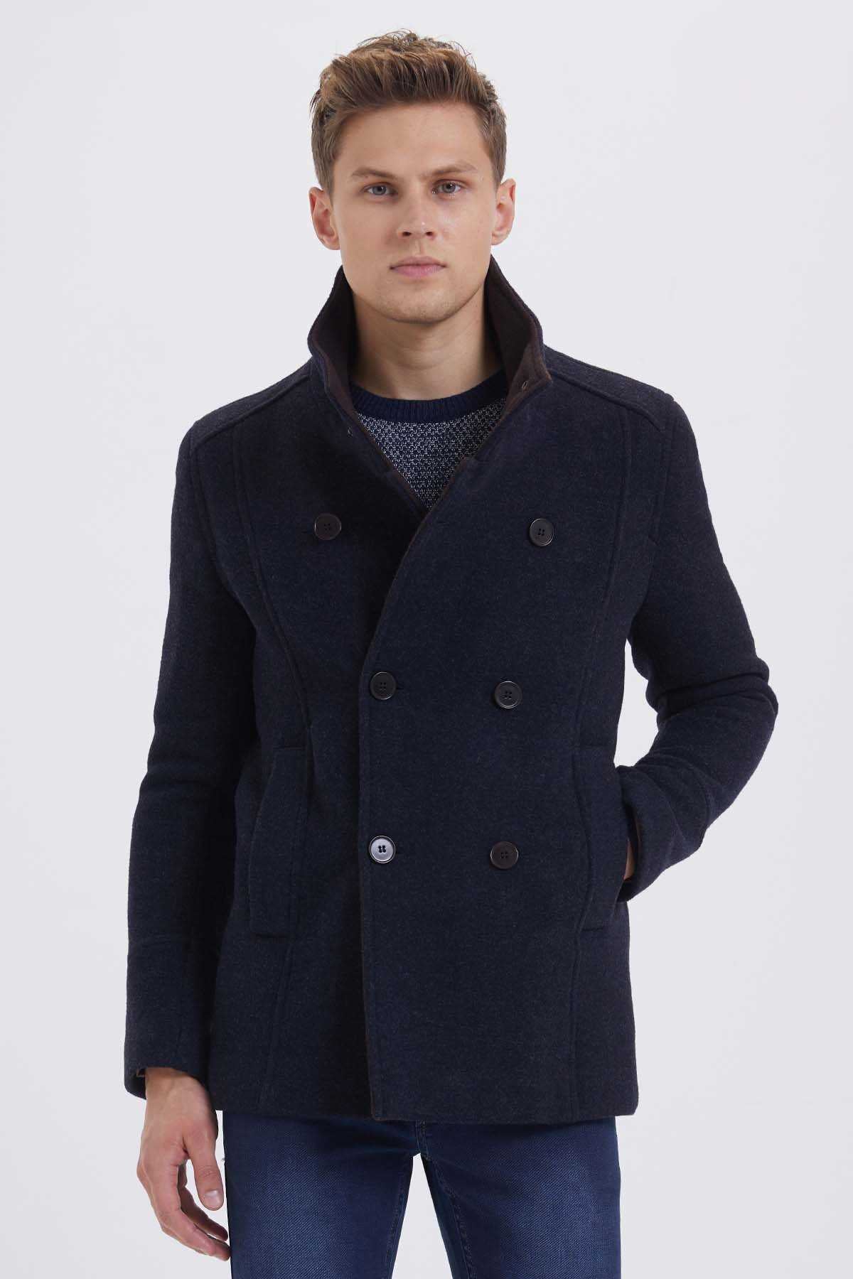 Slim Fit Double Breasted Vegas Wool Indigo-Gray Overcoat