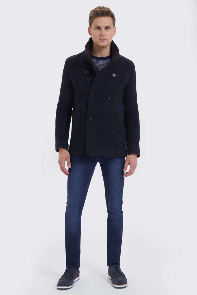 Slim Fit Double Breasted Vegas Wool Indigo-Gray Overcoat