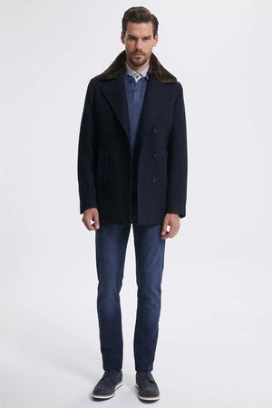 Slim Fit Double Breasted Wool Navy Overcoat Navy D. - MIB