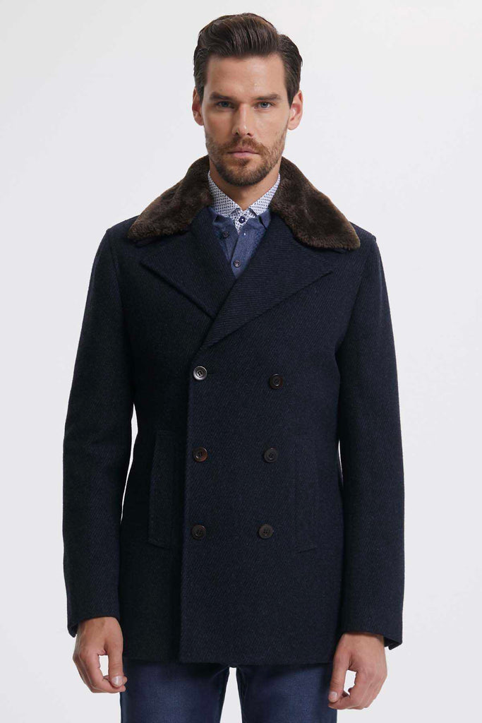 Slim Fit Double Breasted Wool Navy Overcoat Navy D. - MIB