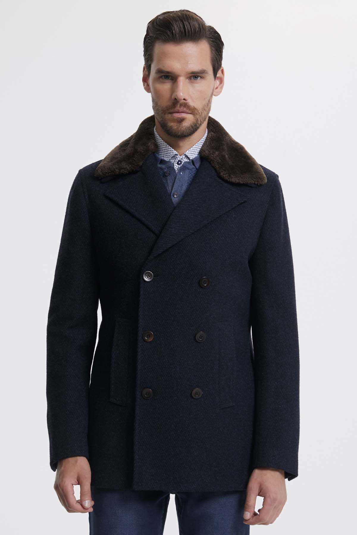 Slim Fit Double Breasted Wool Navy Overcoat Navy D. - MIB