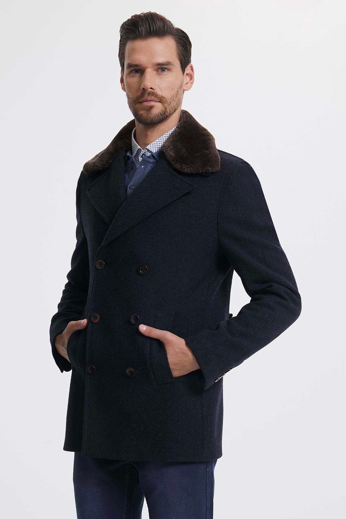 Slim Fit Double Breasted Wool Navy Overcoat Navy D. - MIB