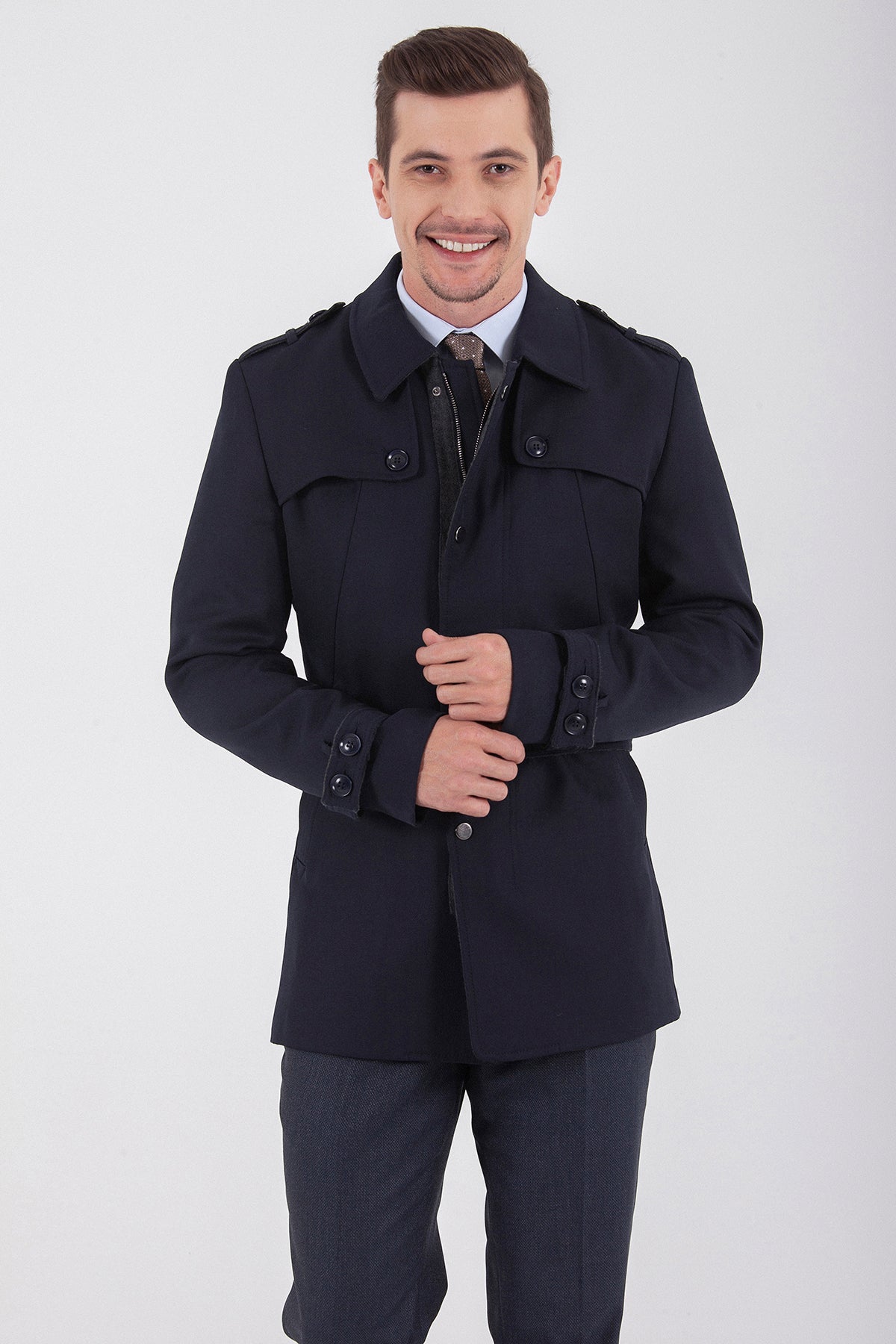 Slim Fit Flat Collar Wool Navy Trenchcoat - MIB