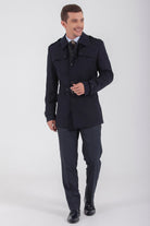 Slim Fit Flat Collar Wool Navy Trenchcoat - MIB