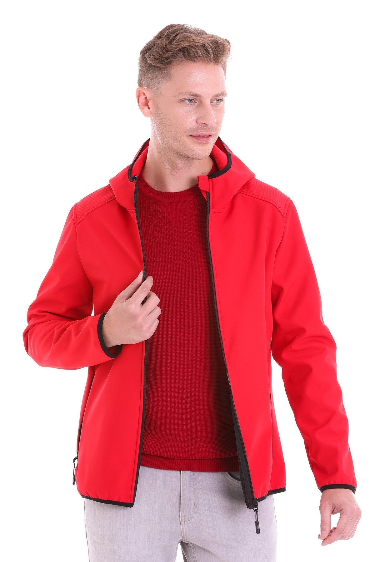 Slim Fit Fleece Apollo Hooded Navy Coat Red - SAYKI