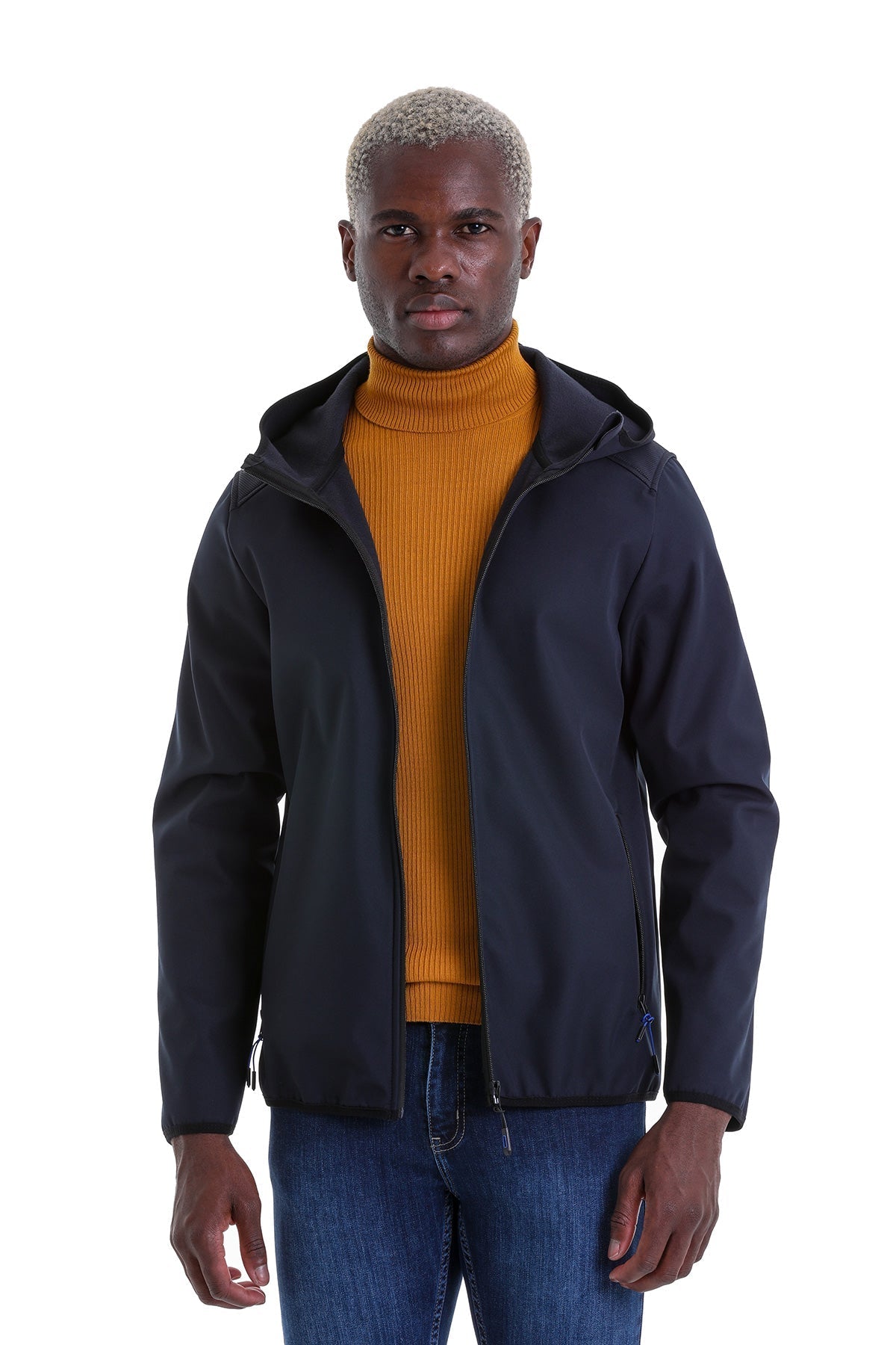 Slim Fit Fleece Apollo Navy Hooded Coat - SAYKI