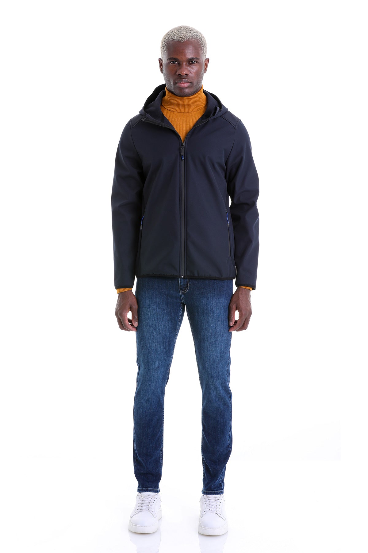 Slim Fit Fleece Apollo Navy Hooded Coat - SAYKI