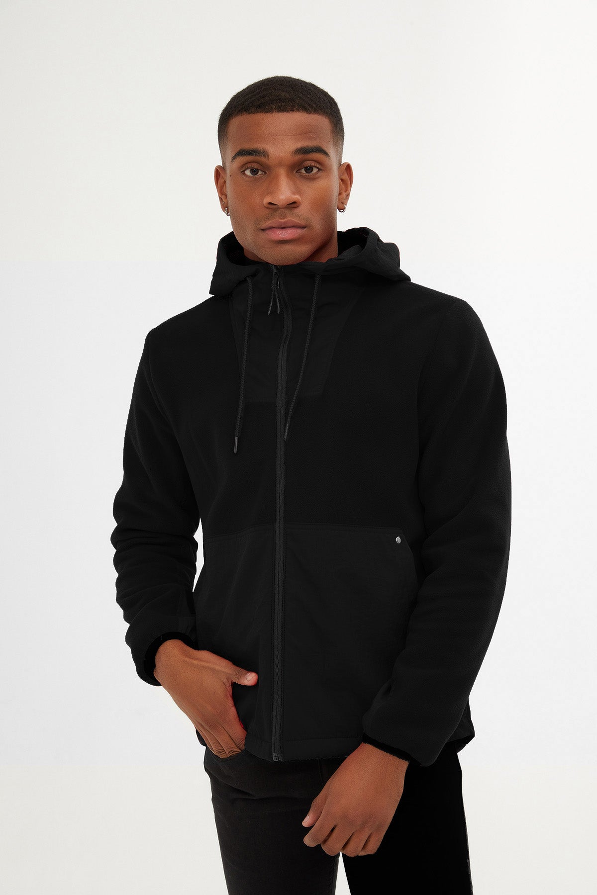 Slim Fit Fleece Polar Casual Black Hooded Coat - MIB