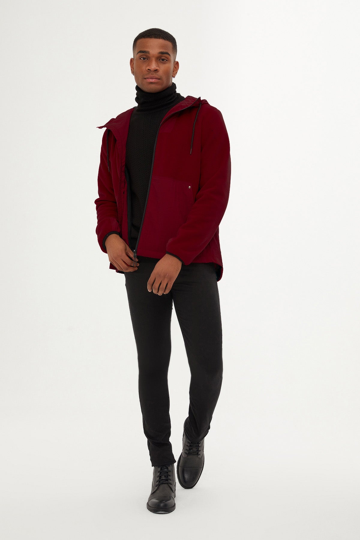 Slim Fit Fleece Polar Casual Burgundy Hooded Coat - SAYKI