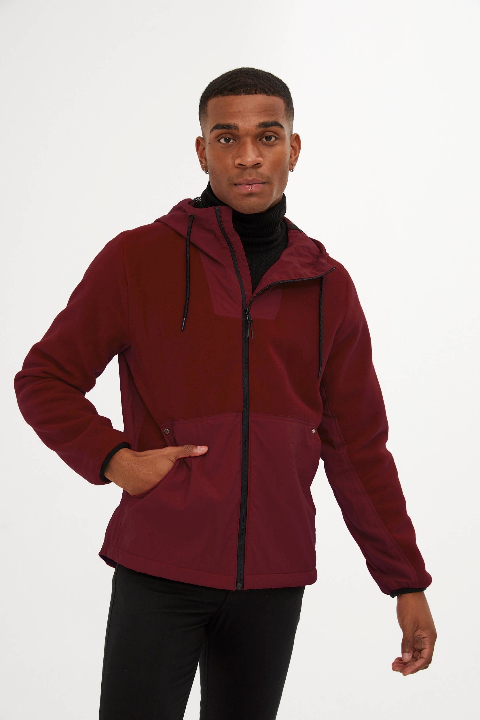 Slim Fit Fleece Polar Casual Burgundy Hooded Coat - SAYKI