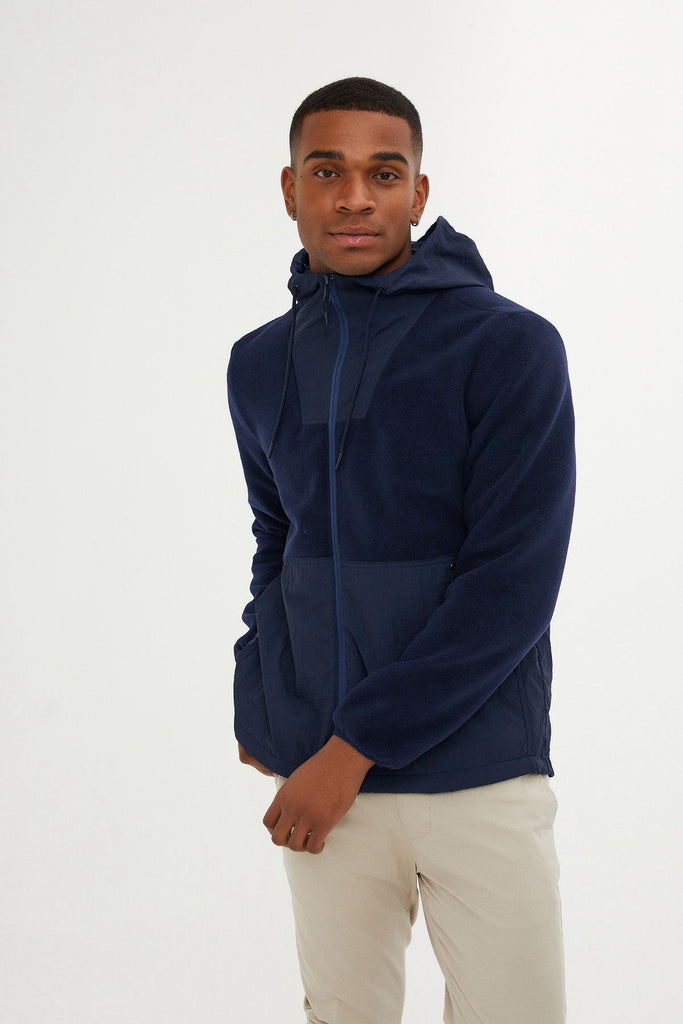 Slim Fit Fleece Polar Casual Hooded Navy Coat Light Navy