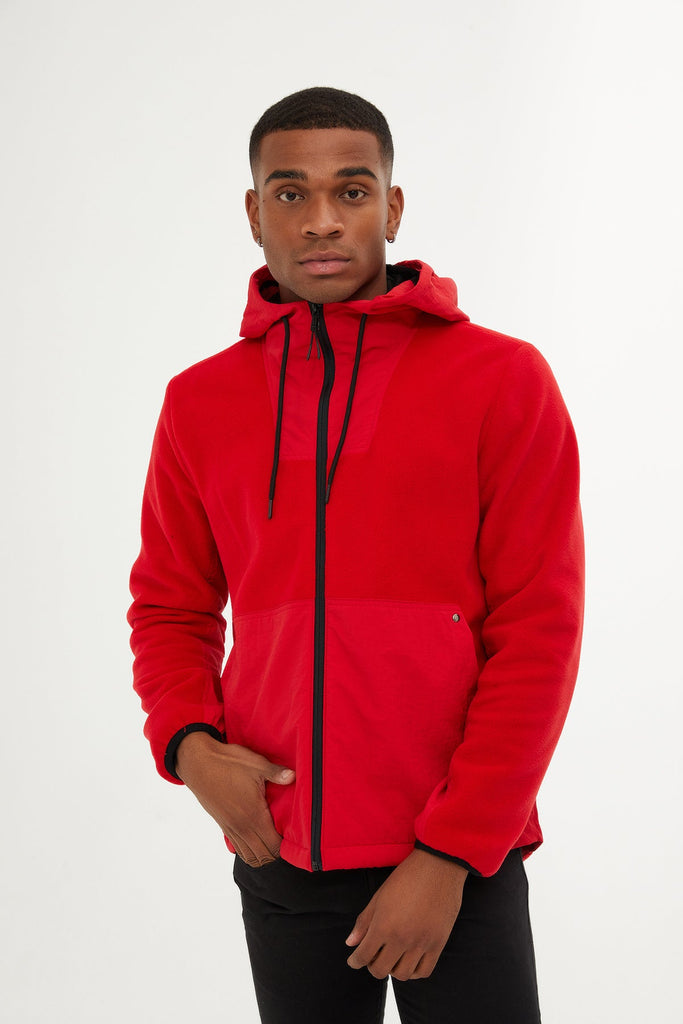 Slim Fit Fleece Polar Casual Hooded Navy Coat Red - MIB