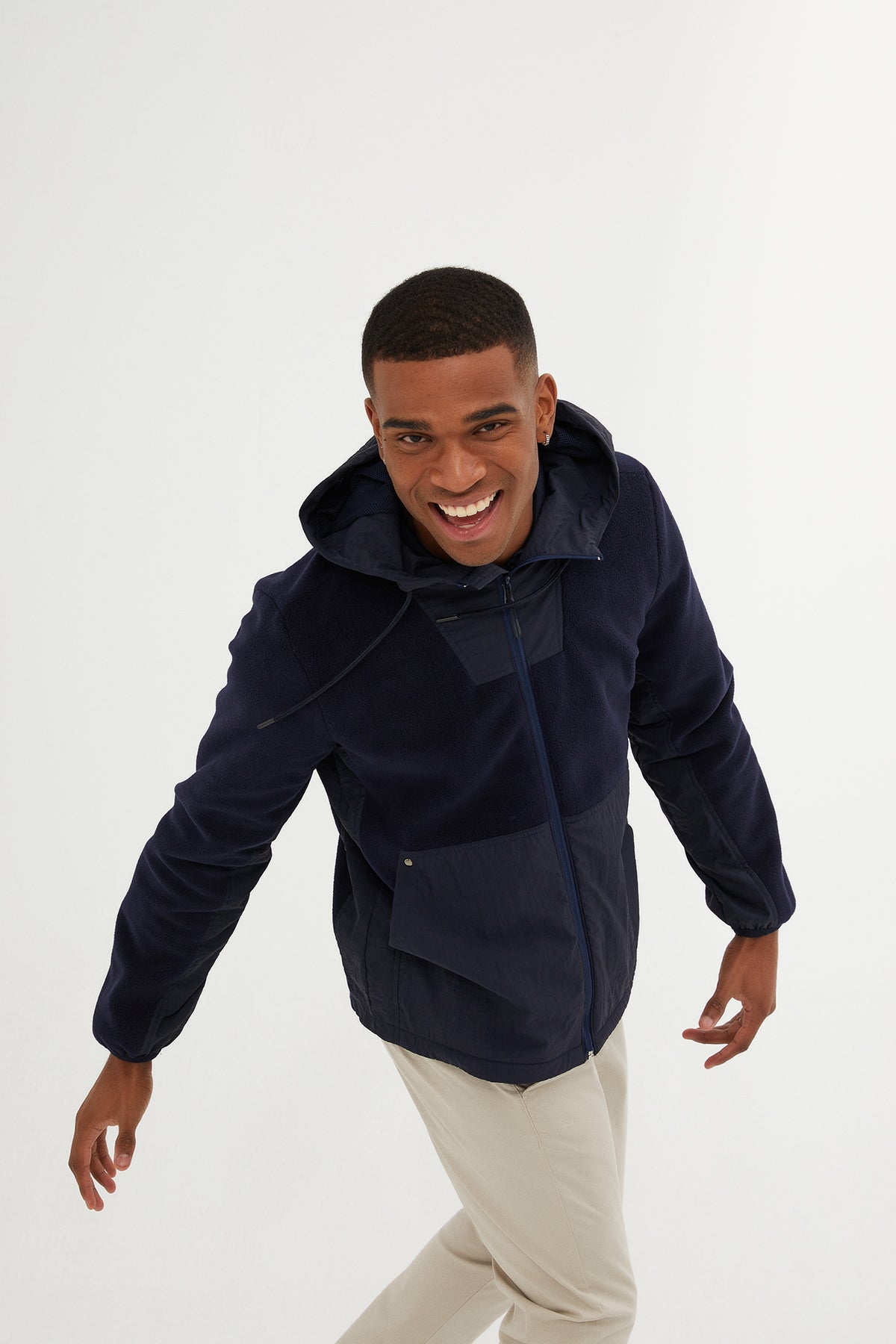 Slim Fit Fleece Polar Casual Navy Hooded Coat - MIB