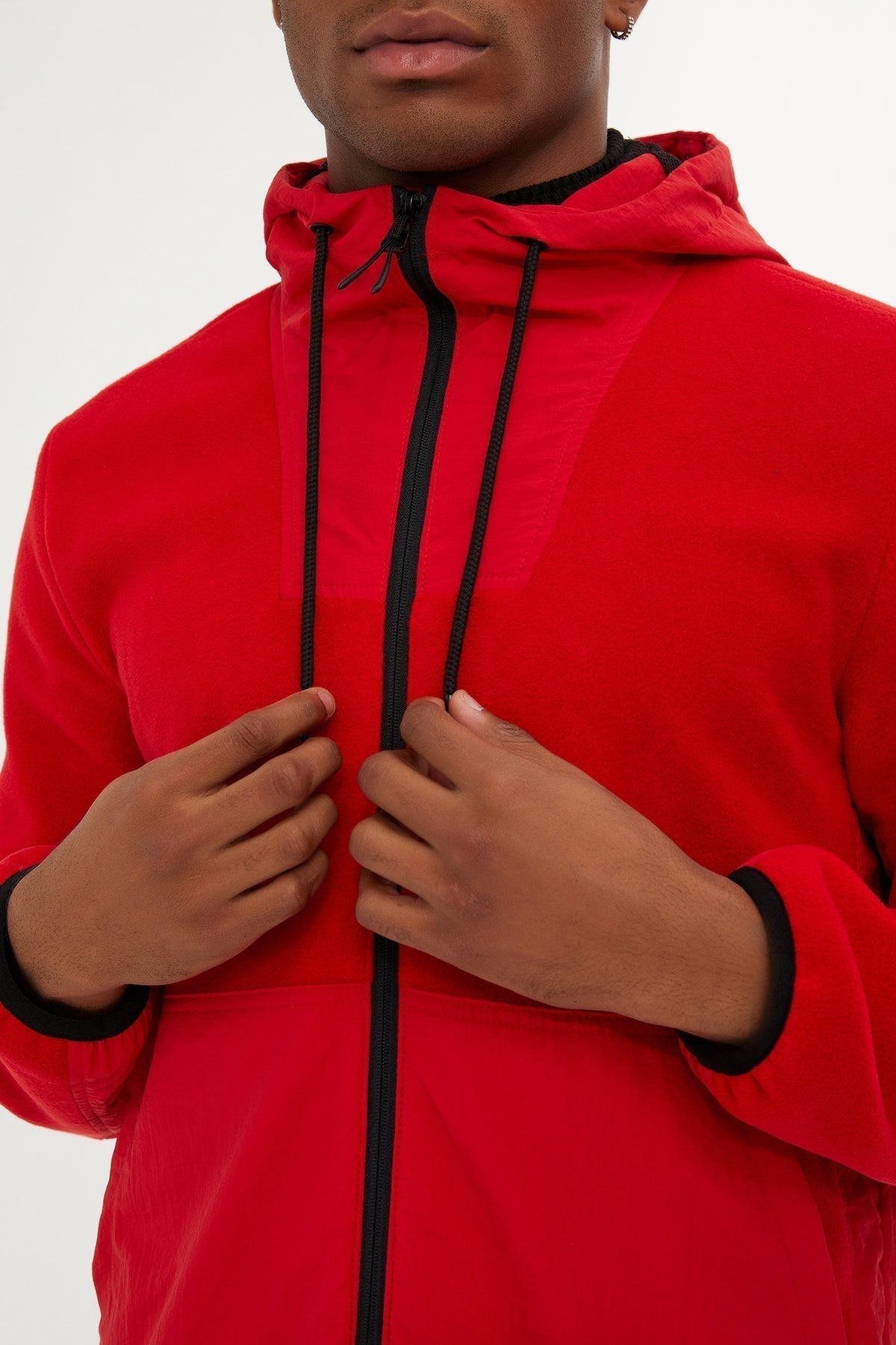 Slim Fit Fleece Polar Casual Red Hooded Coat - SAYKI