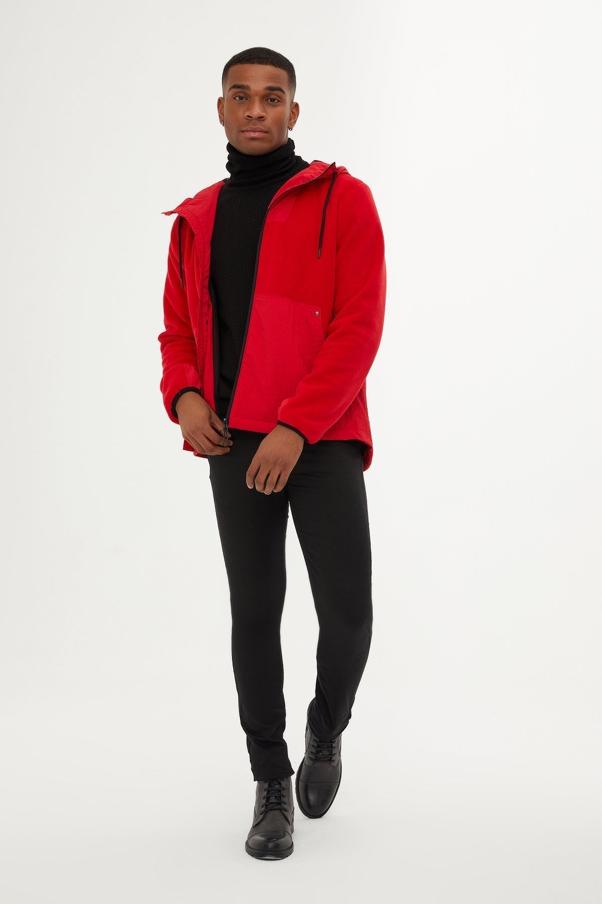 Slim Fit Fleece Polar Casual Red Hooded Coat - SAYKI