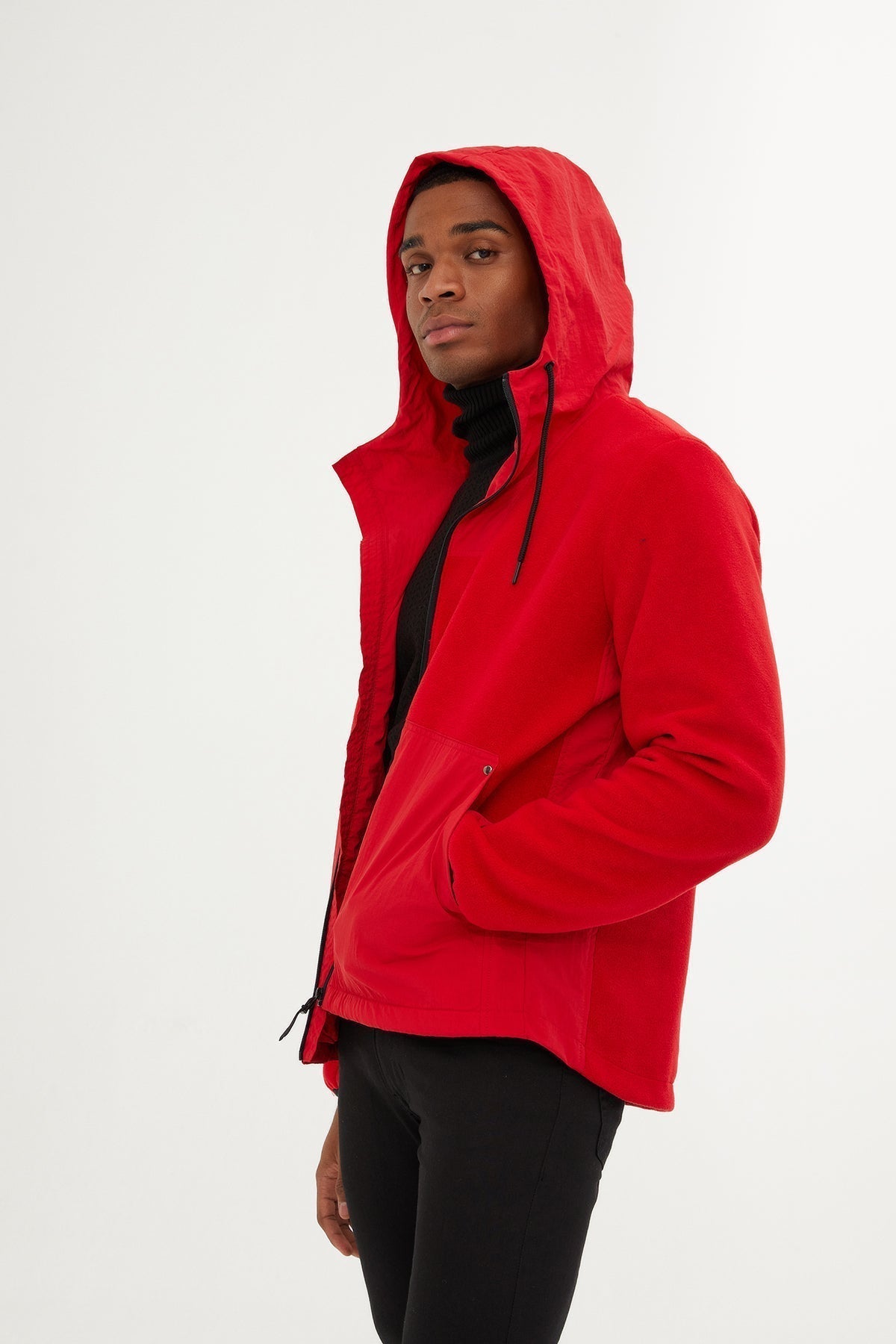 Slim Fit Fleece Polar Casual Red Hooded Coat - SAYKI