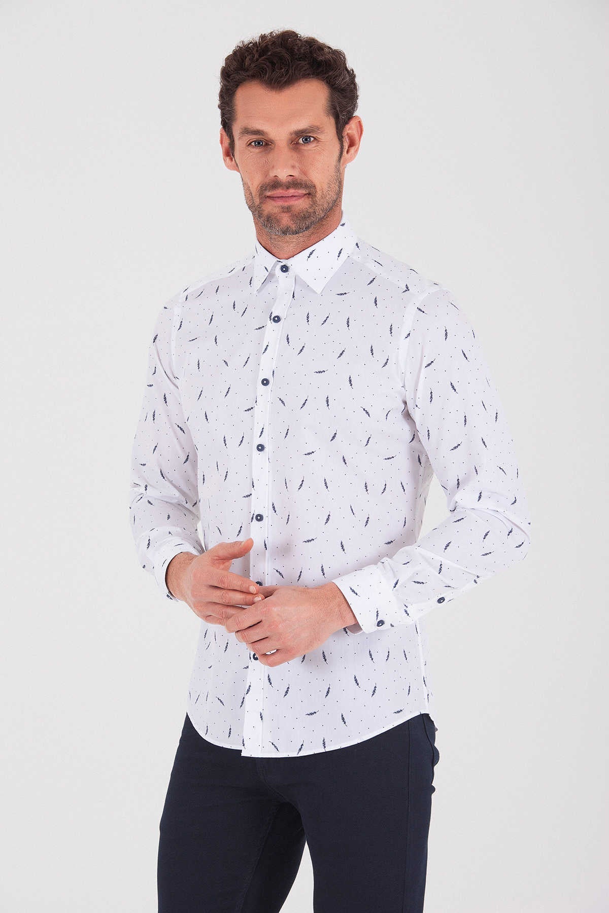 Slim Fit Floral Dot Printed Cotton Navy Casual Shirt - MIB