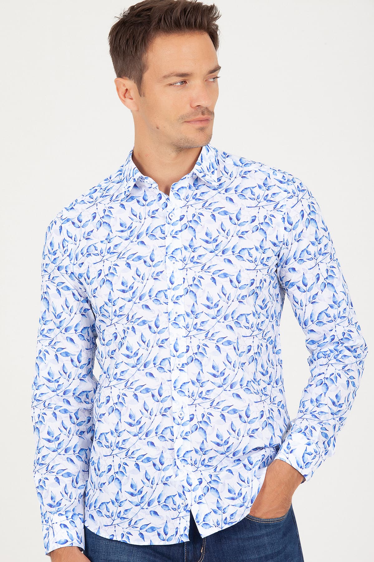 Slim Fit Floral Printed Cotton Blue Casual Shirt - MIB