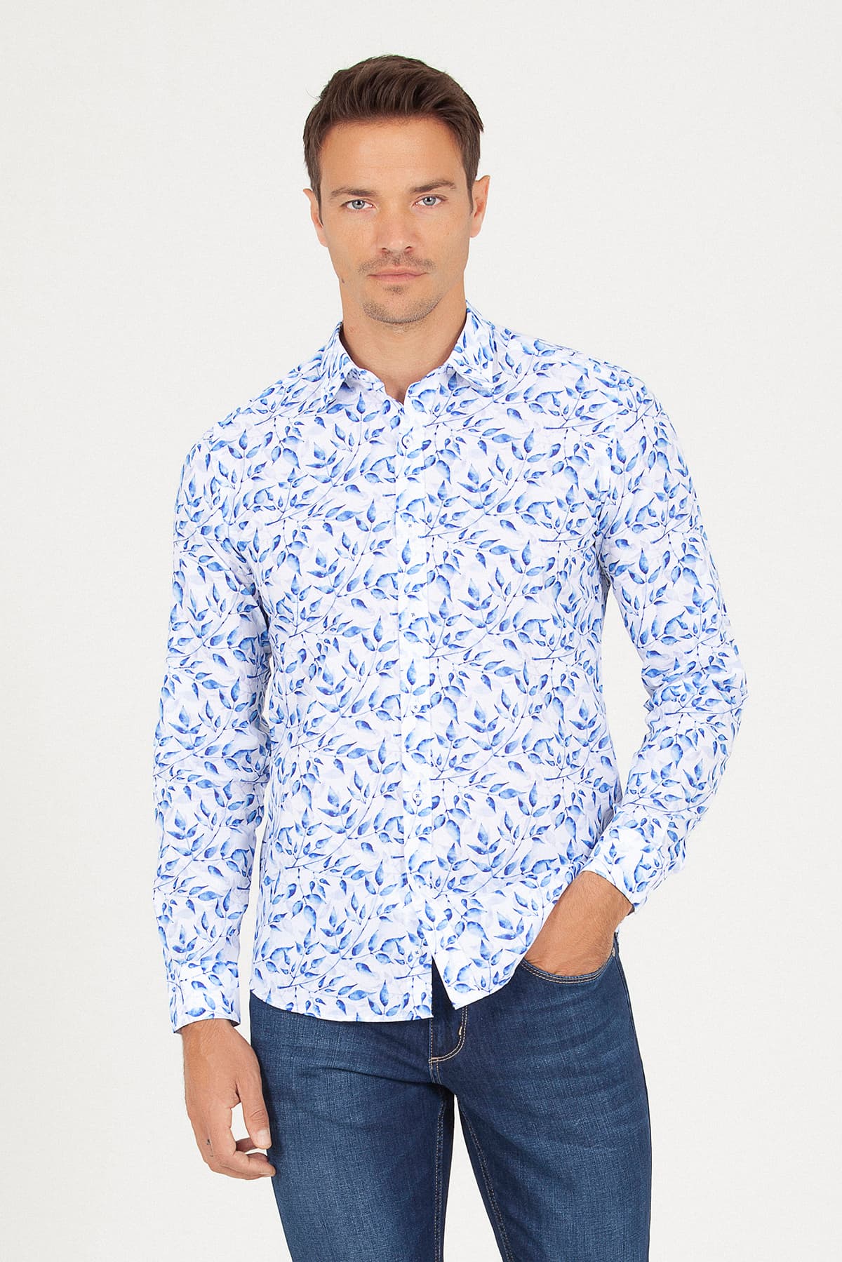 Slim Fit Floral Printed Cotton Blue Casual Shirt - MIB