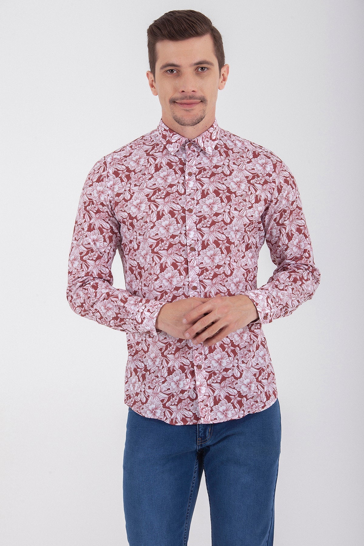 Slim Fit Floral Printed Cotton Burgundy Casual Shirt - MIB