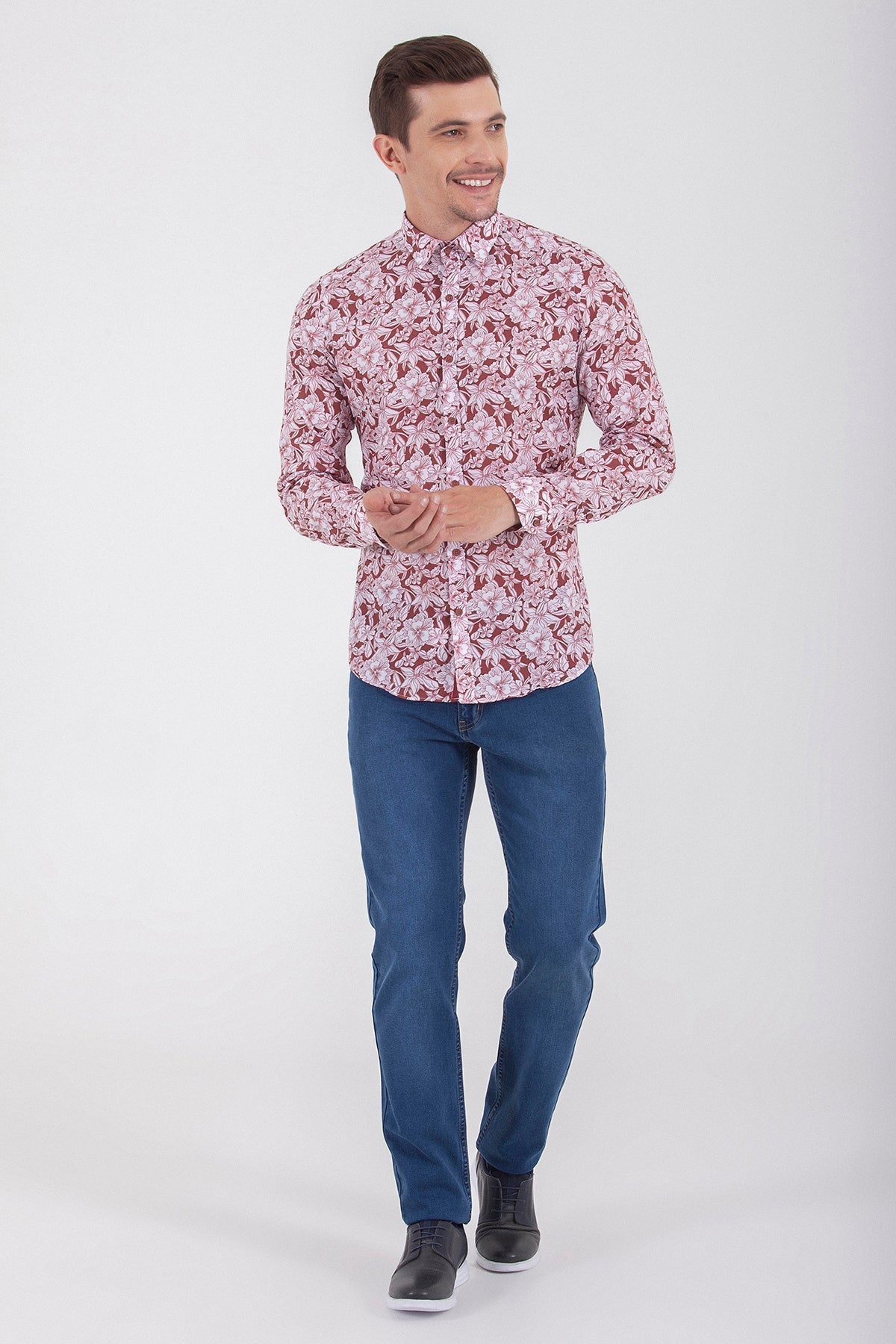 Slim Fit Floral Printed Cotton Burgundy Casual Shirt - MIB