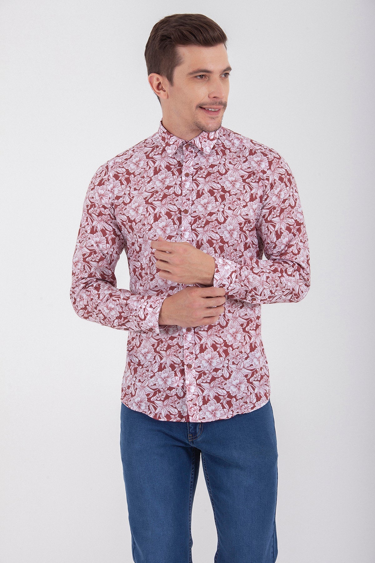 Slim Fit Floral Printed Cotton Burgundy Casual Shirt - MIB