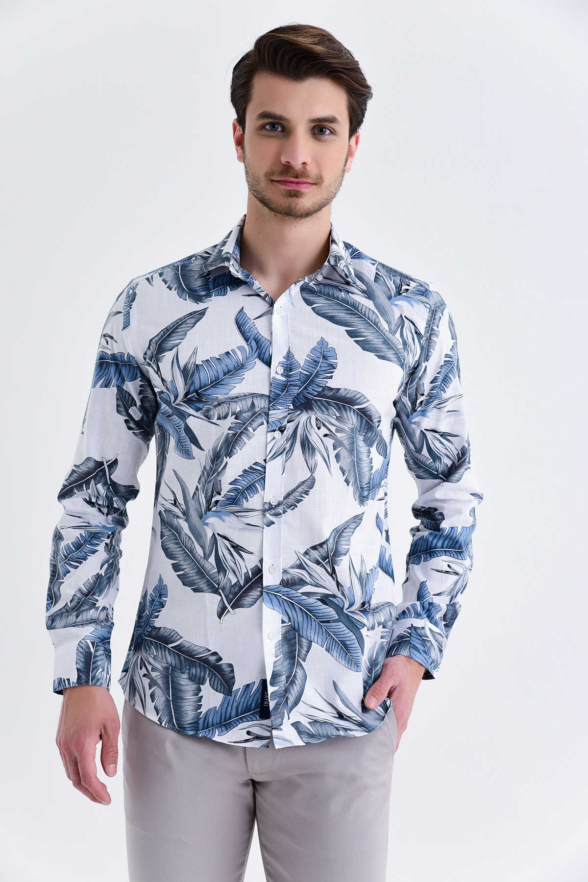 Slim Fit Floral Printed Cotton Gray Casual Shirt - MIB