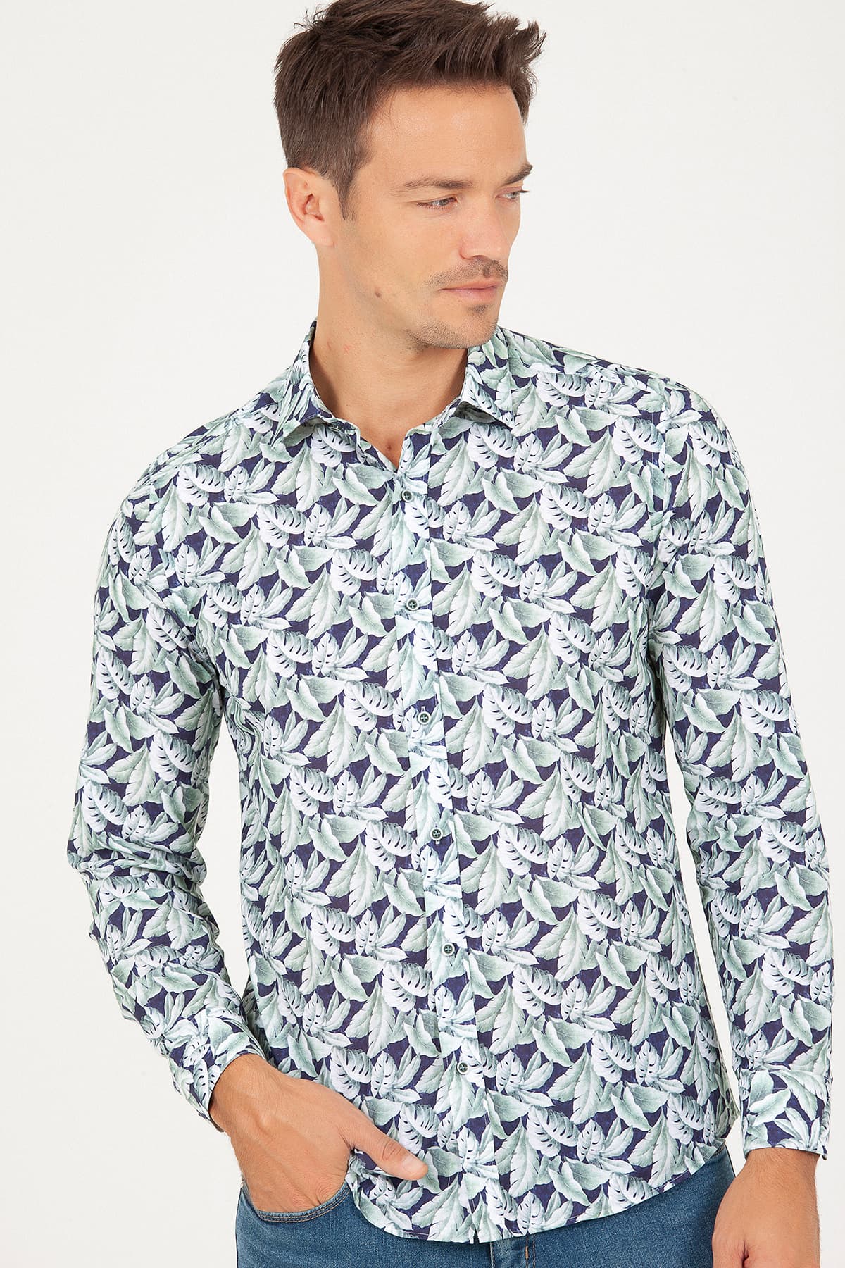 Slim Fit Floral Printed Cotton Green Casual Shirt - MIB