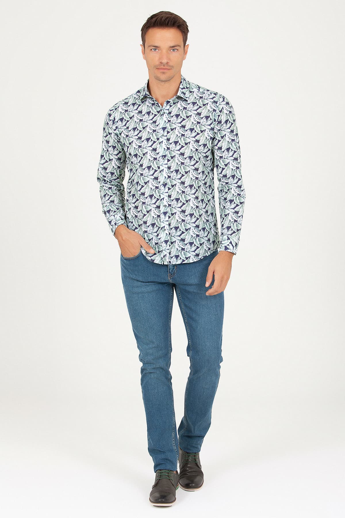 Slim Fit Floral Printed Cotton Green Casual Shirt - MIB