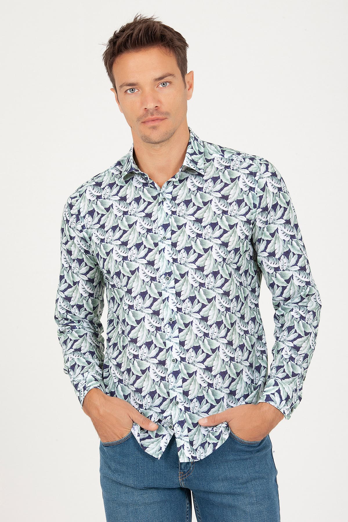 Slim Fit Floral Printed Cotton Green Casual Shirt - MIB