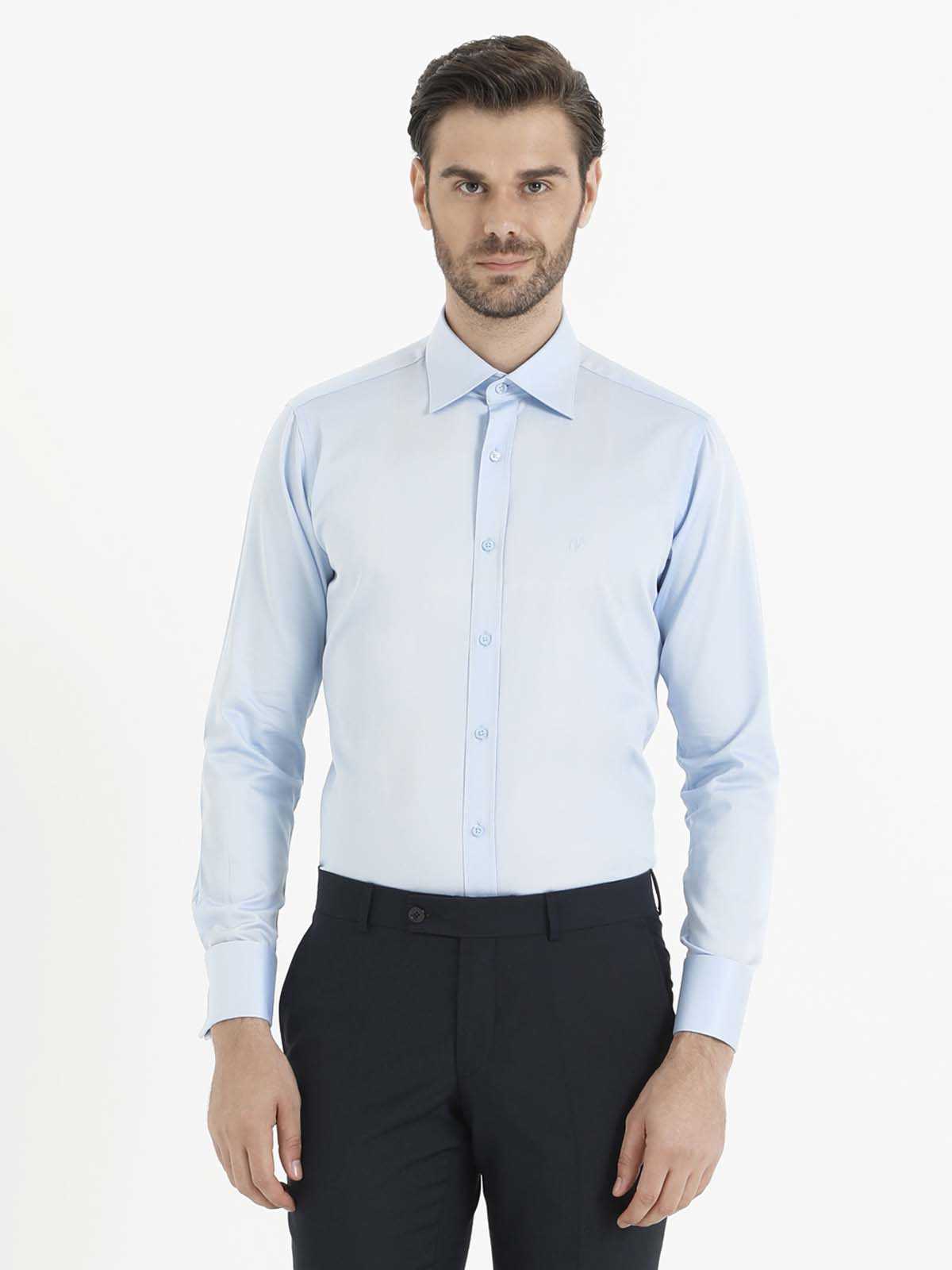 Slim Fit French Cuff Cotton Blend Light Blue Tuxedo Shirt